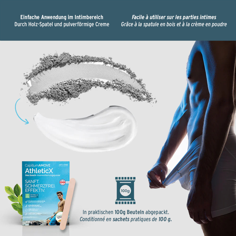 Capillum AMOVE Athletic X, poudre dépilatoire pour la douche, 200 g