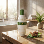 Eine Flasche Cell-1 Body Lotion steht im Badezimmer