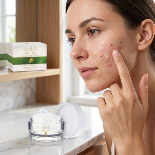 Frau verwendet Cell-1 Skin Care Schneckencreme gegen Pickel