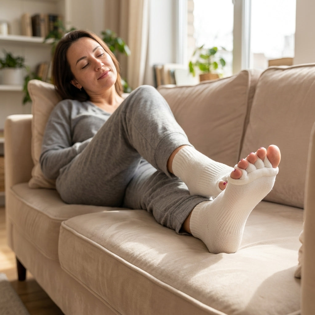 Frau trägt Zehentrenner Entspannung Socken