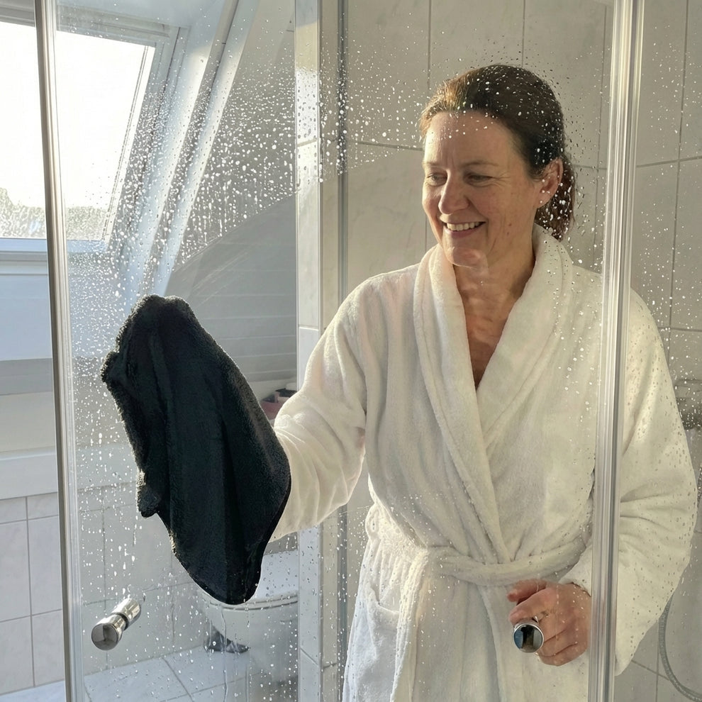 Frau trocknet ihr Glas Duschtür mit dem Wundertuch