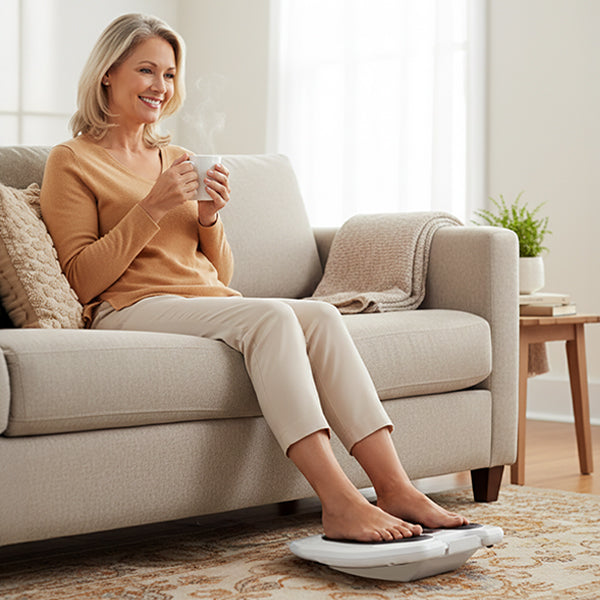Frau mit Wellprime Impulse EMS Fussmassagegerät auf dem Sofa