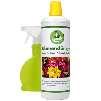 Captain Green Blumen-Dünger flüssig, 1000 ml mit 300 ml Sprühflasche 