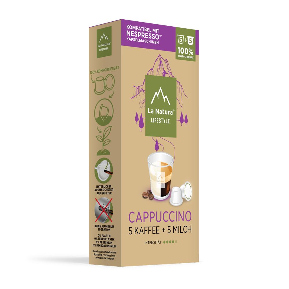 La Natura Cappuccino 10 kompostierbare Kapseln (5 Kaffee & 5 Milch) Nespresso®* kompatibel